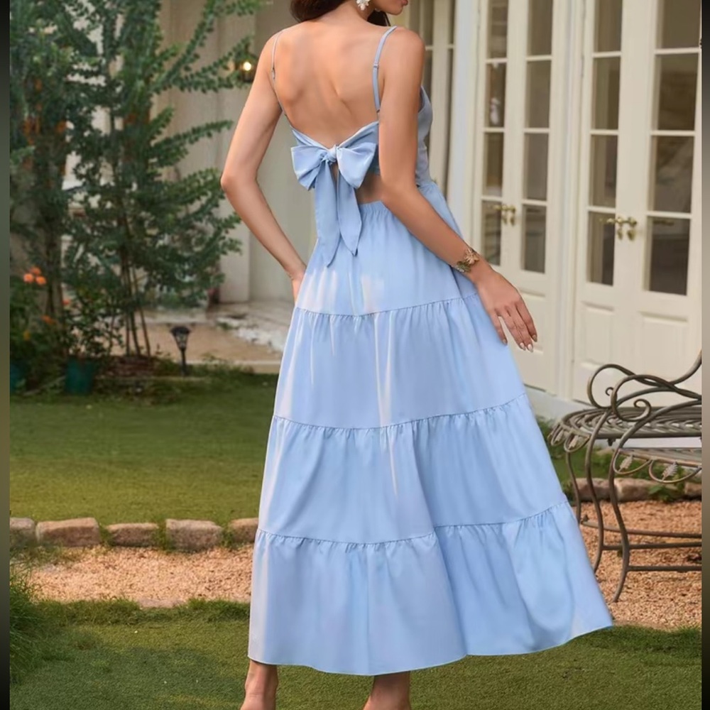 NWOT Blue Bow Tie Back Maxi Dress Ruffle